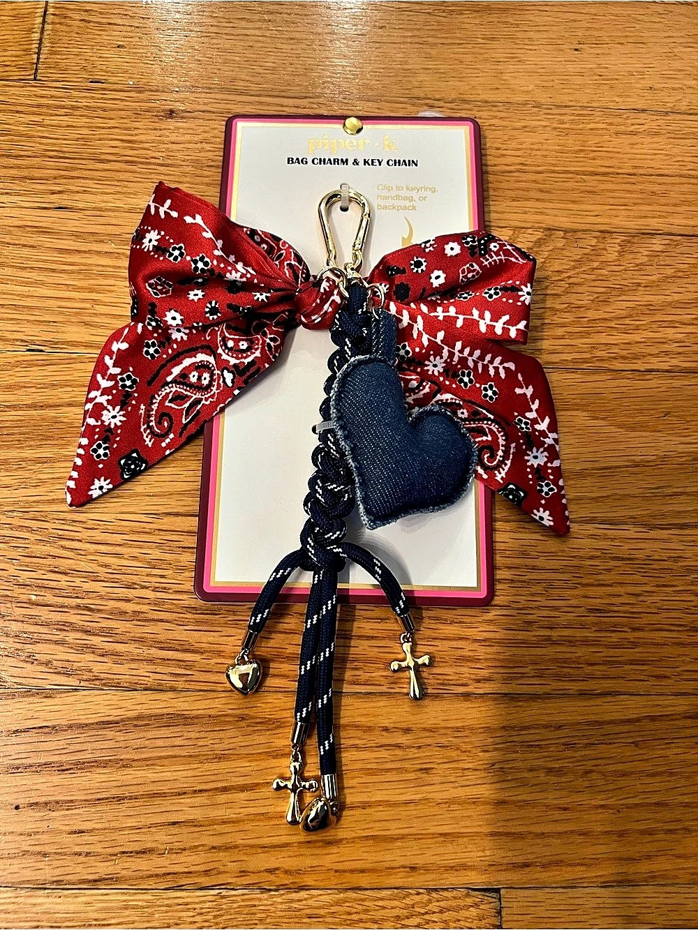 piper k Bandana and Denim Heart Bag Charm & Key Chain Red & Blue